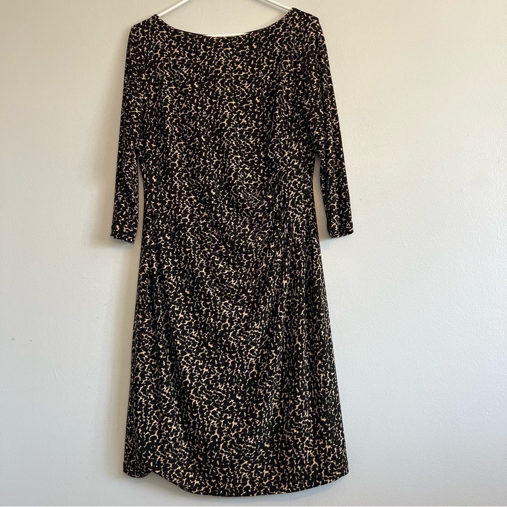 Lauren Ralph Lauren Boat Neck Ruched Jersey Dress Brown Black Leopard Sz 14